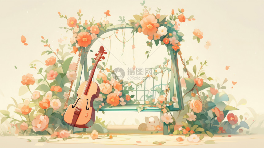 被花朵包围的小清新卡通椅子旁摆放一只吉他乐器图片