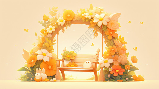 可爱的卡通花朵拱形门下一把木椅背景图片