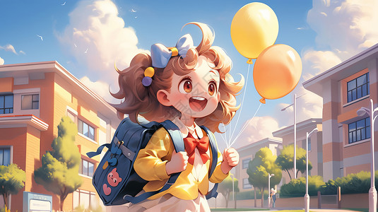 手拿书手拿黄色气球背着书包去上学的卡通女孩插画