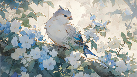 漂亮的卡通小鸟站在开满花朵的卡通树枝上图片