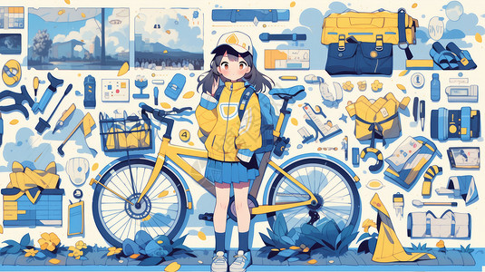 骑行包站在骑行装备前背着包的可爱卡通小女孩插画