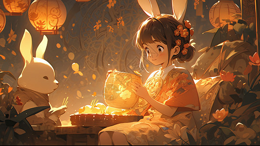 中秋节手拿灯笼漂亮的卡通嫦娥与兔子图片
