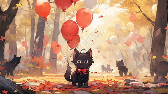 在森林中尾巴拴着气球的可爱卡通小黑猫儿童插画图片
