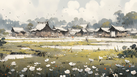 一片草地旁幽静的卡通小村落背景图片