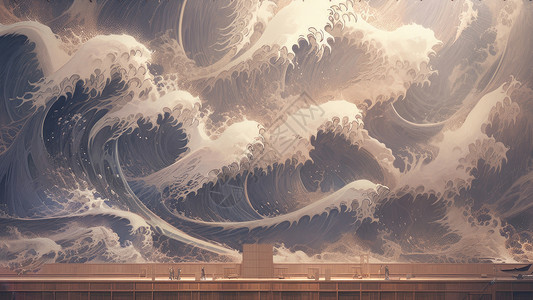 浮世绘海浪汹涌澎湃的卡通大海插画