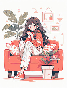 坐在粉色沙发上休息的时尚卡通女孩图片