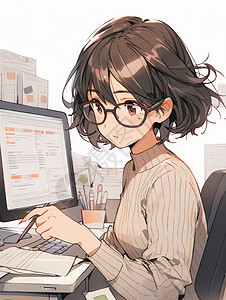 戴眼镜的卡通女孩在电脑前认真工作背景图片