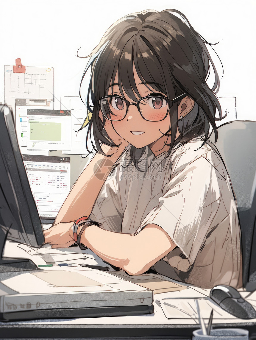 坐在办公桌前微笑的戴眼镜卡通女孩图片