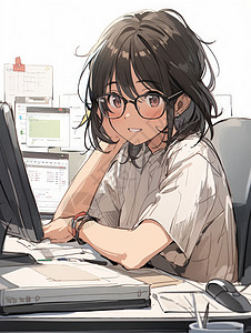 坐电脑前坐在办公桌前微笑的戴眼镜卡通女孩插画