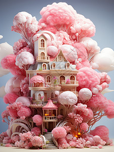被粉色树包围的卡通小房子图片