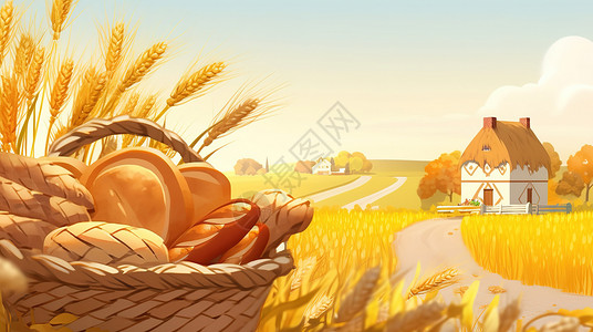 秋分金色麦田和一篮面包高清图片