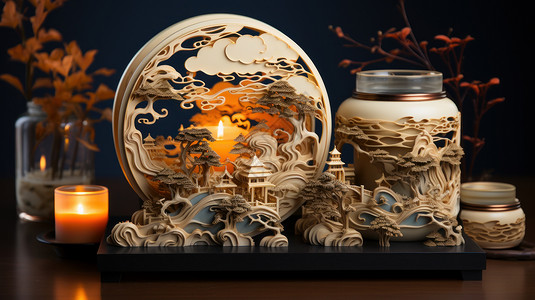 玻璃烛台精致立体雕花摆件与点燃的蜡烛插画
