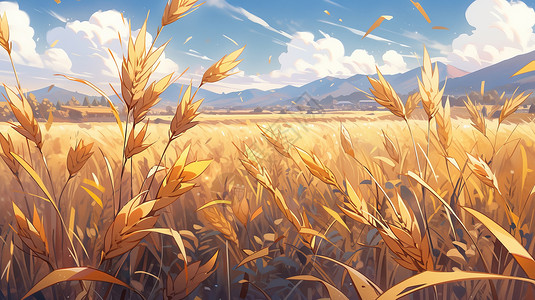 一望无际的蓝天秋天一望无际的卡通麦子地风景插画