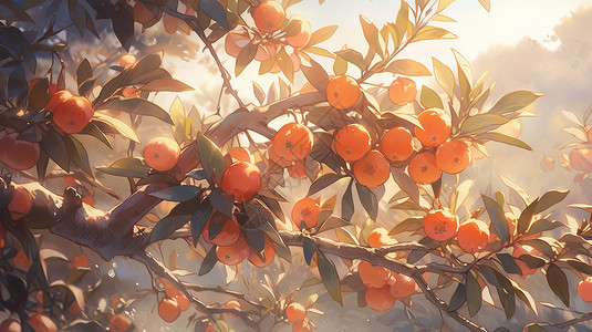 午后结满橙色果实的卡通果树背景图片