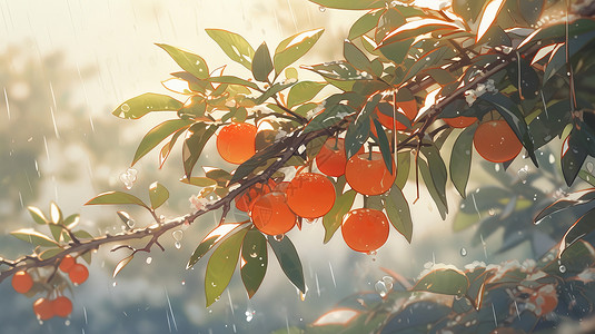 小清新结满果实的果树在雨中背景图片