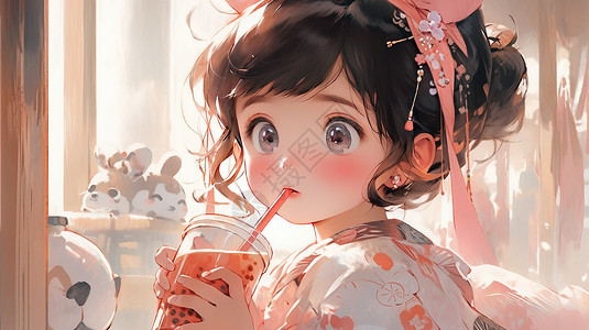 大眼睛漂亮的卡通女孩在喝奶茶背景图片