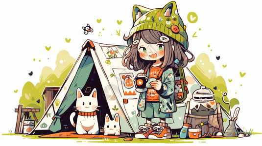 戴着帽子与宠物猫一起露营的卡通女孩图片