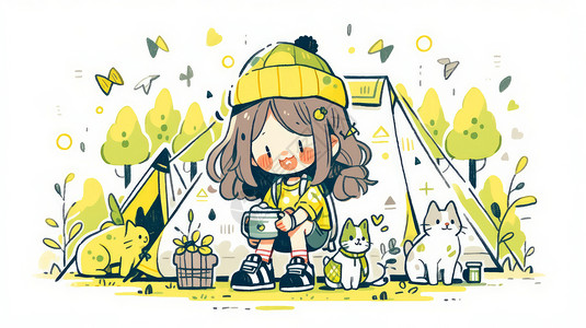粗描边卡通人物坐在露营帐篷边拿着茶杯的可爱卡通女孩插画
