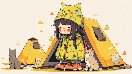 穿着黄色衣服的可爱卡通女孩站在黄色帐篷前高清图片