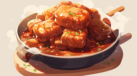 淮扬菜系美味的浇汁卡通红烧肉插画