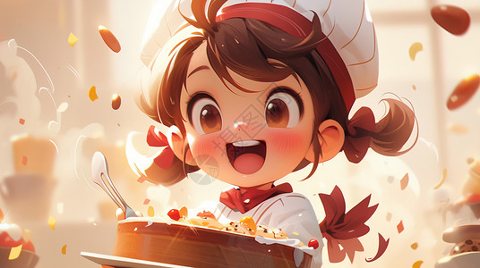 正在炒菜开心笑的可爱卡通女孩小厨师背景图片
