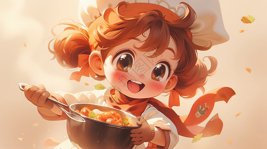 端着汤的美女双手端着一盆美食的可爱卡通小女孩插画