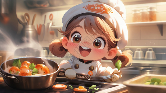 忙碌的厨师在厨房忙碌的可爱卡通小厨师女孩插画