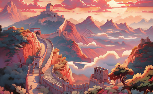 丽水古堰画乡傍晚喜庆的卡通山顶上唯美壮观的卡通长城插画