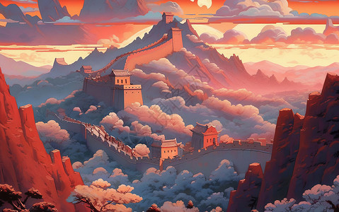 丽水古堰画乡傍晚在旁的山顶上蜿蜒的卡通长城插画