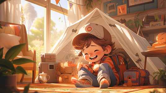 坐在房间帐篷里开心大笑的卡通男孩背景图片
