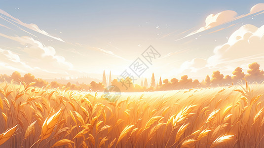 麦子地秋天金黄色的卡通山坡唯美风景插画