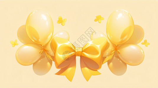 气球和蝴蝶结可爱漂亮的黄色卡通蝴蝶结与气球插画