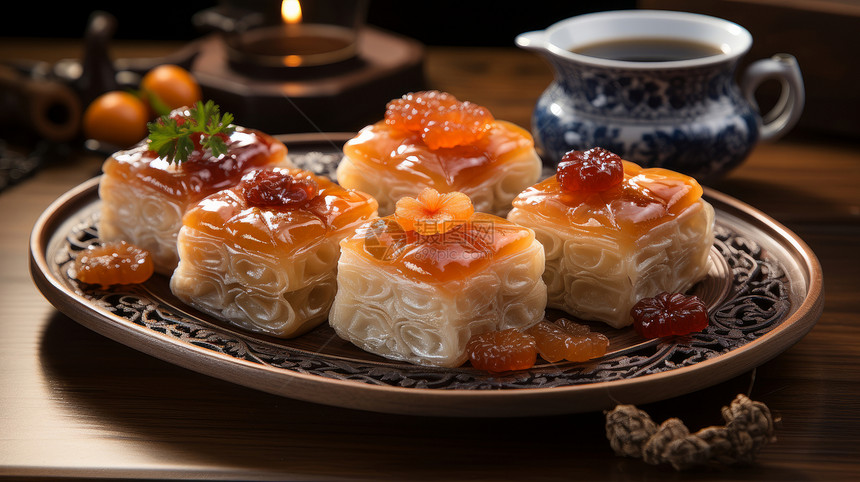 中秋节放在盘子中美味的甜品月饼图片