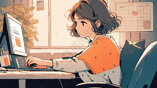 坐在工位前打键盘的短发卡通女孩图片