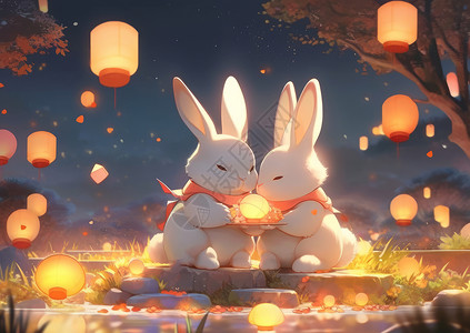 夜晚一起过中秋节的两只卡通兔子背景图片