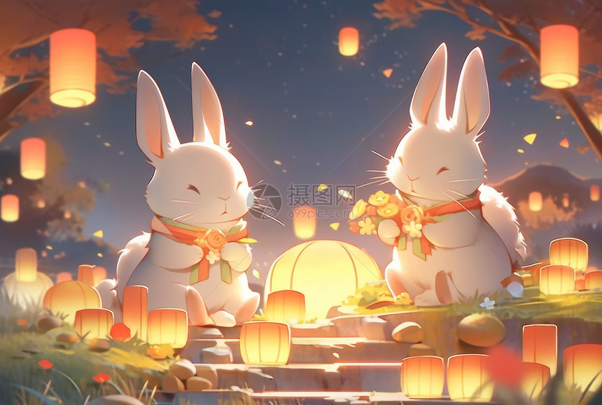 两只可爱的卡通小白兔一起过中秋节图片