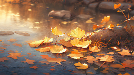 河中沙石头秋天落在小河中的卡通金黄色树叶插画