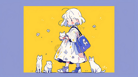 背书包猫抱着宠物猫走路的可爱卡通小女孩插画