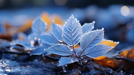 蓝色霜降节气秋天早晨有露水的蓝色叶子插画