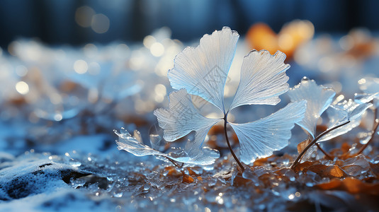蓝色霜降节气被霜冻过的蓝色透明银杏叶子插画