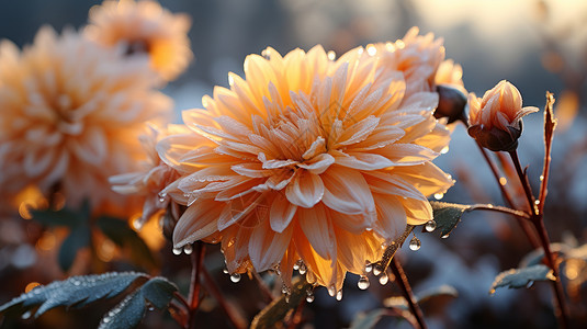 花实拍被霜冻过的橙色漂亮的菊花插画