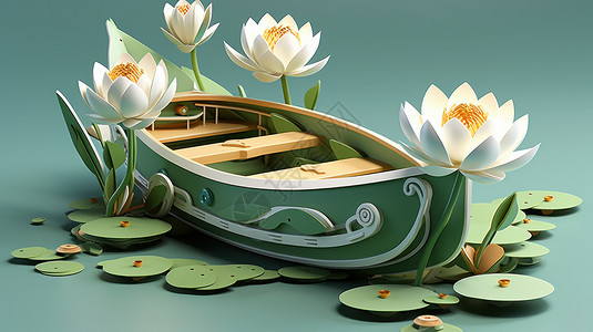 可爱的折纸小船可爱的小船旁开满荷花立体卡通插画