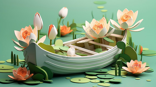 可爱的折纸小船立体可爱的卡通小船旁盛开着很多荷花插画