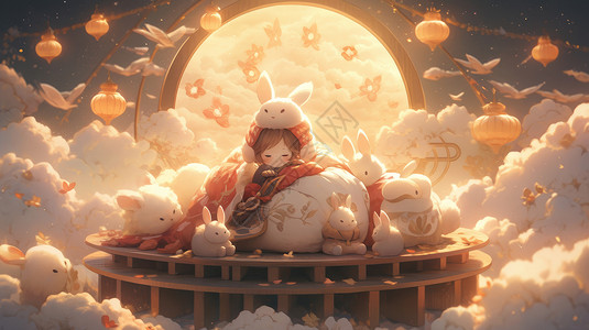 中秋节可爱的嫦娥与兔子卡通插画背景图片