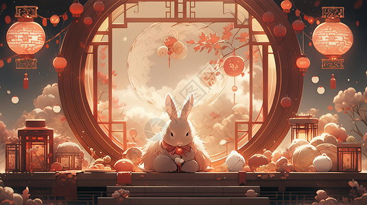 中秋节在赏月的可爱卡通兔子背景图片