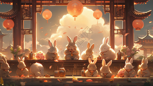 一群可爱的卡通兔子在过中秋节图片