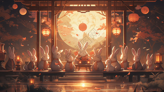 中秋节在月下赏月过中秋的卡通兔子们图片