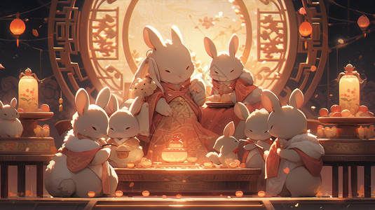 夜晚在吃月饼过中秋节的可爱卡通兔子们图片