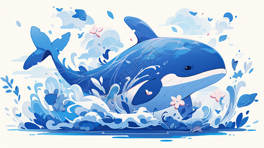 扁平风可爱的卡通鲸鱼与海浪背景图片