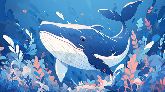 在海底漂亮的卡通鲸鱼与水草背景图片